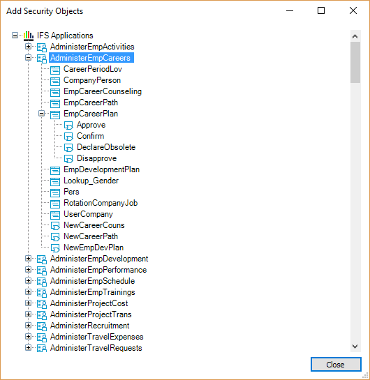 Security Objects Aurena - Tree View Dialog